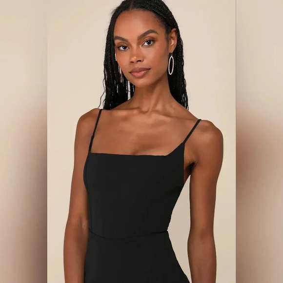 Lulu's Black Sheath Maxi Dress with Slit and Spaghetti Straps - Picture 4 of 9